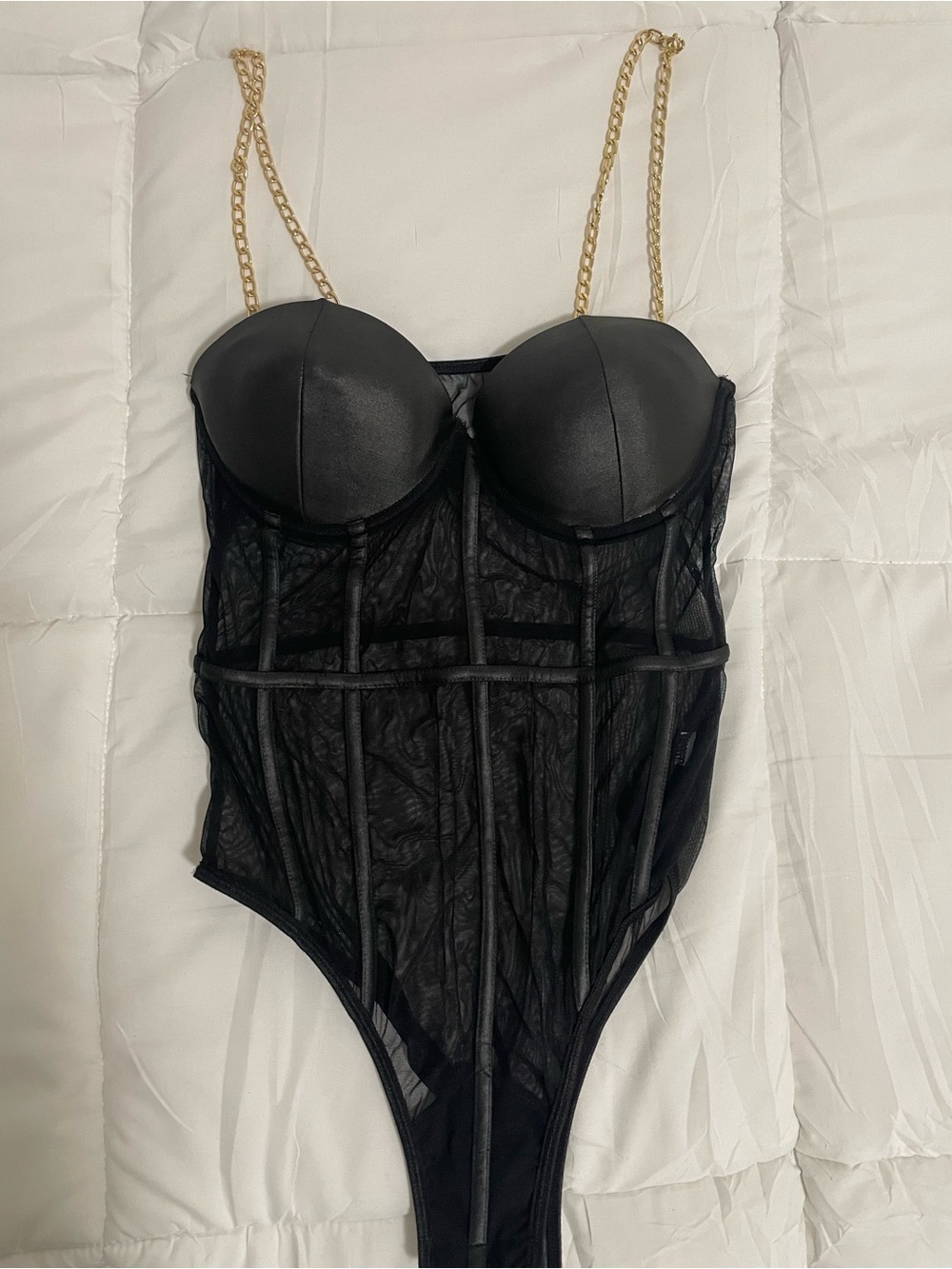 SHEIN Black Mesh Corset Bodysuit with Chain Straps - Picture 3 of 7